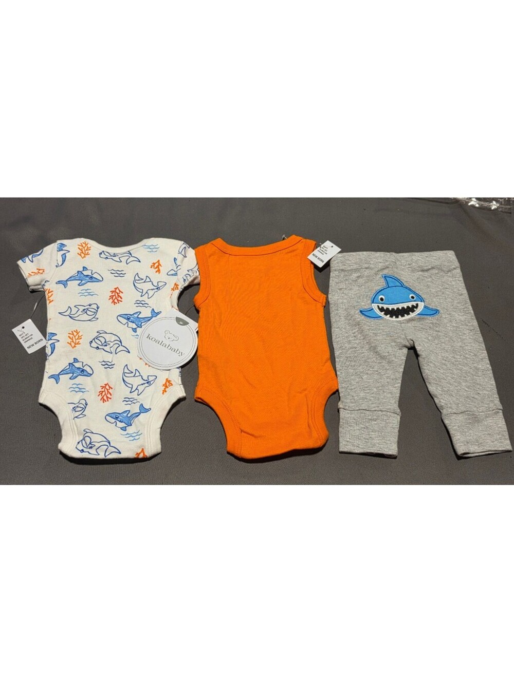 Newborn Baby Clothing Set - 2 Shark Print Bodysuits & Gray Pants, Cotton